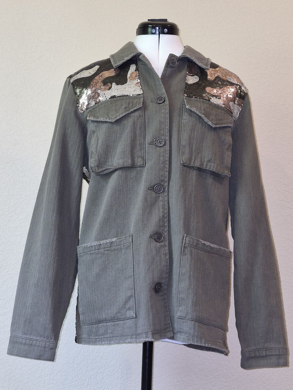 one 5 one Olive Utility Jacket with Sequin Shoulder And Back Panels
